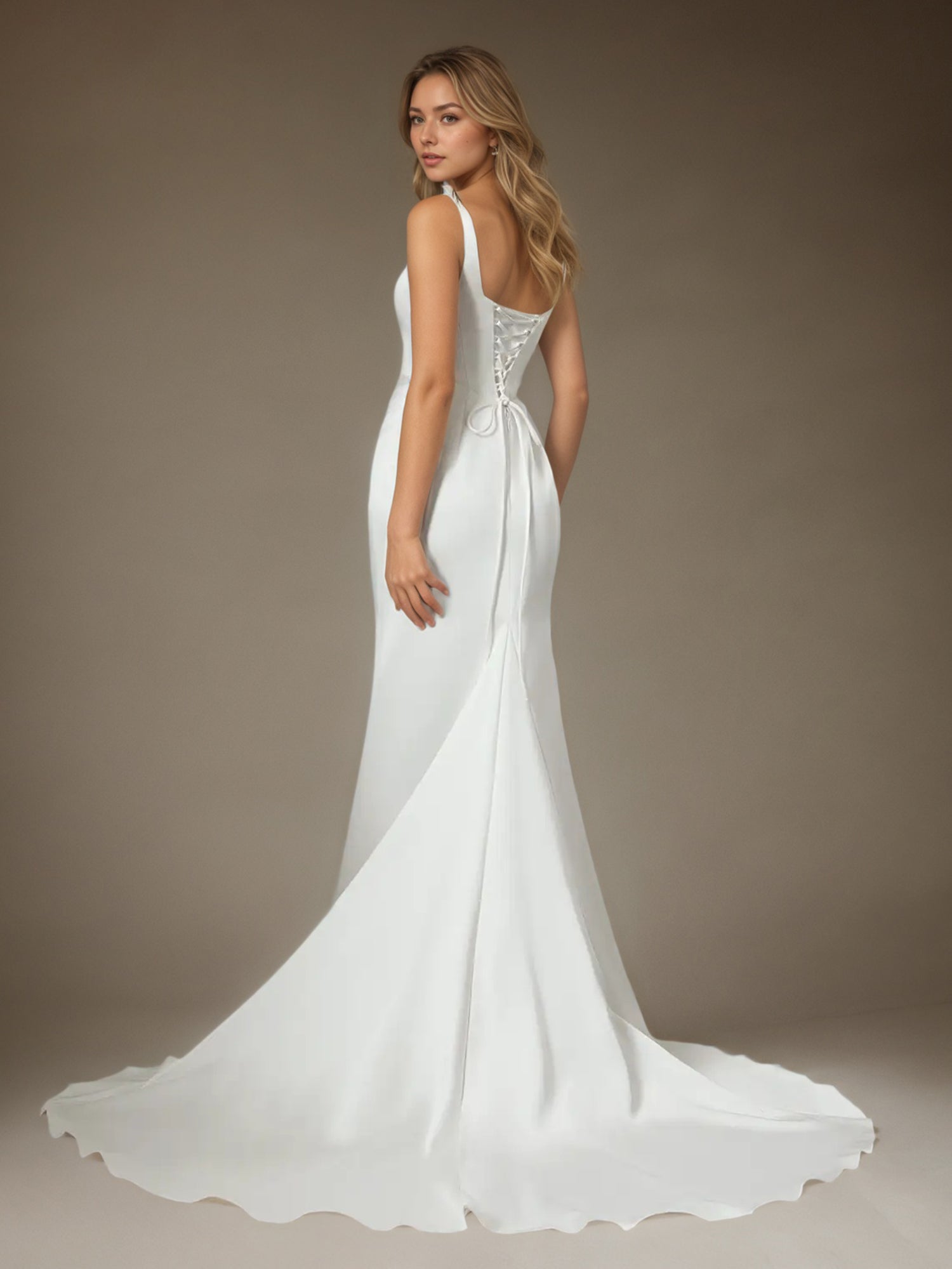 White Mermaid Square Neckline Double Faced Satin Wedding Dress