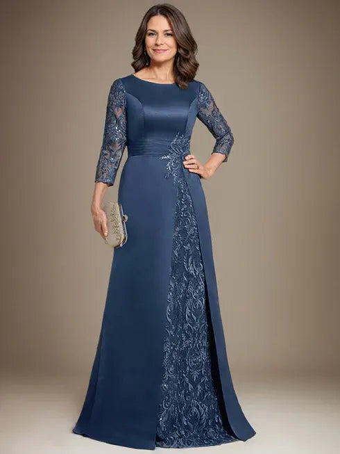 A-Line Scoop Floor-Length Lace Satin Mother Of the Bride Dress With Applique - View 3 | FashionDia