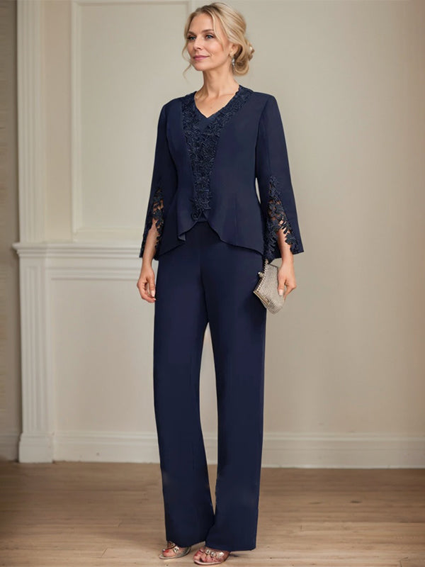 Separates Jumpsuit/Pantsuit V-Neck Floor-Length Chiffon Mother of the Bride Dress - View 3 | FashionDia