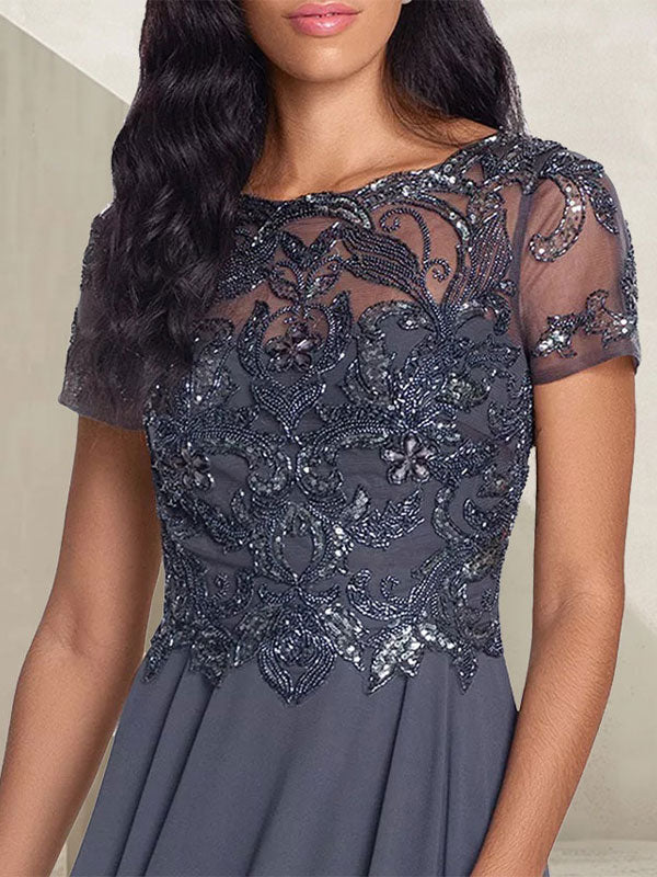 Charcoal Grey A-Line Scoop Long Mother of the Bride Dress With Beadings - View 3 | FashionDia