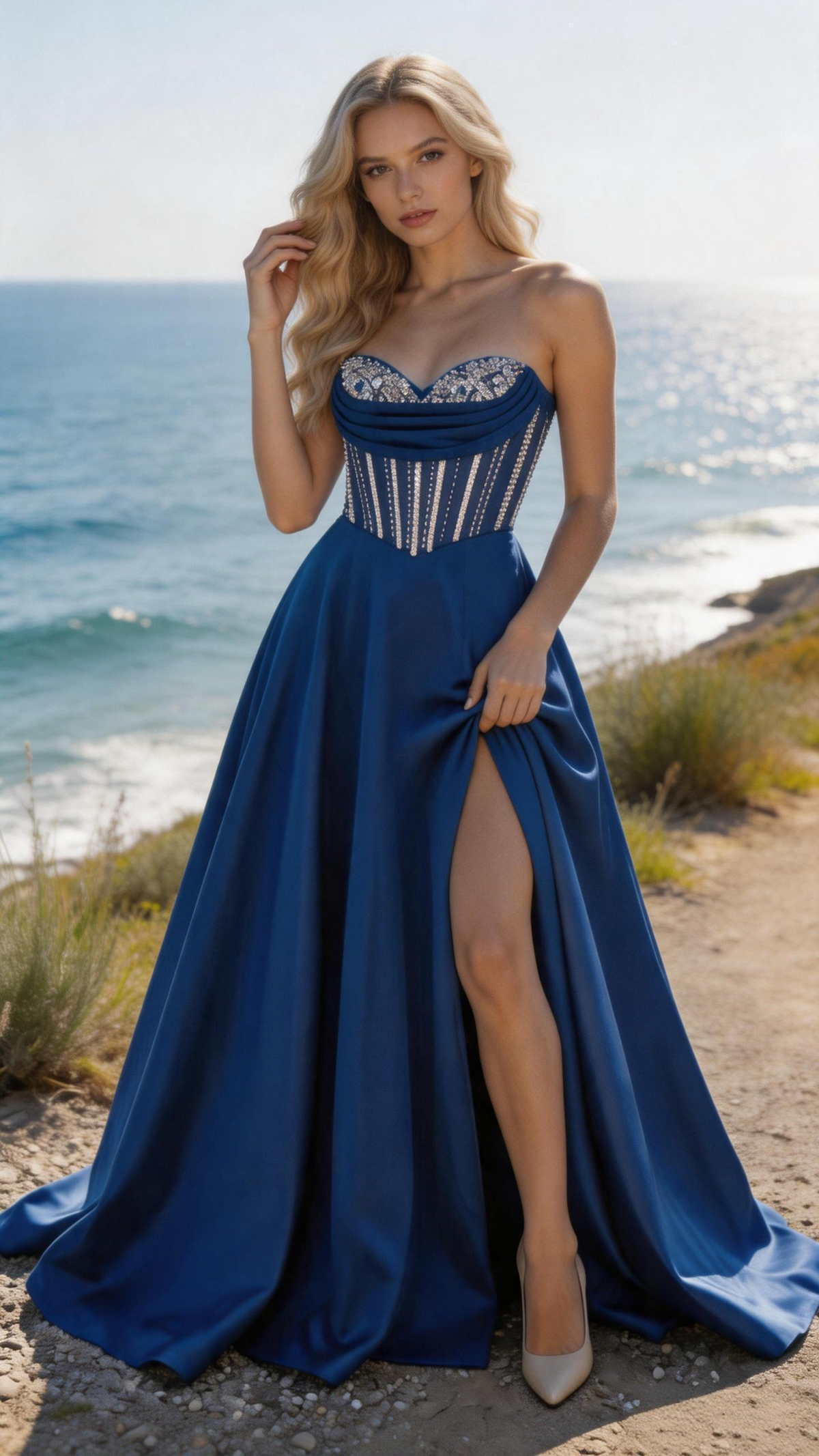 Royal Blue Strapless Corset Ball Gown Crystal Embellished Prom Dress with Slit (ZD16896)
