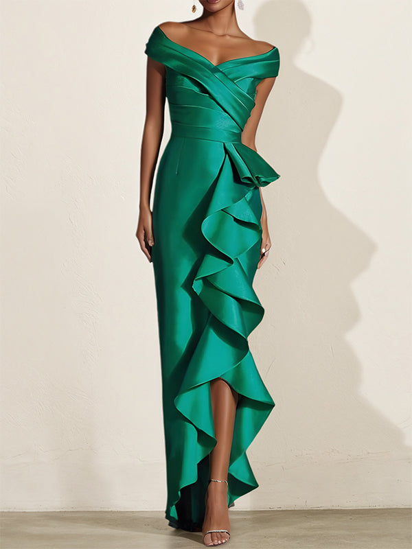 Green Satin Off The Shoulder Short Sleeve Asymmetrical Length Dress With Ruffles