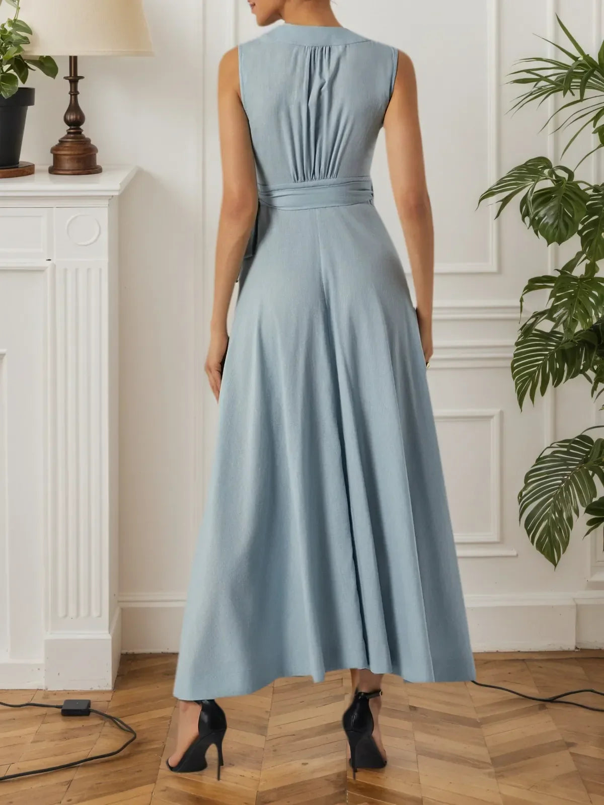 Light Blue Bow Lyocell Linen Wrap V Neck Sleeveless A-Line Maxi Dress