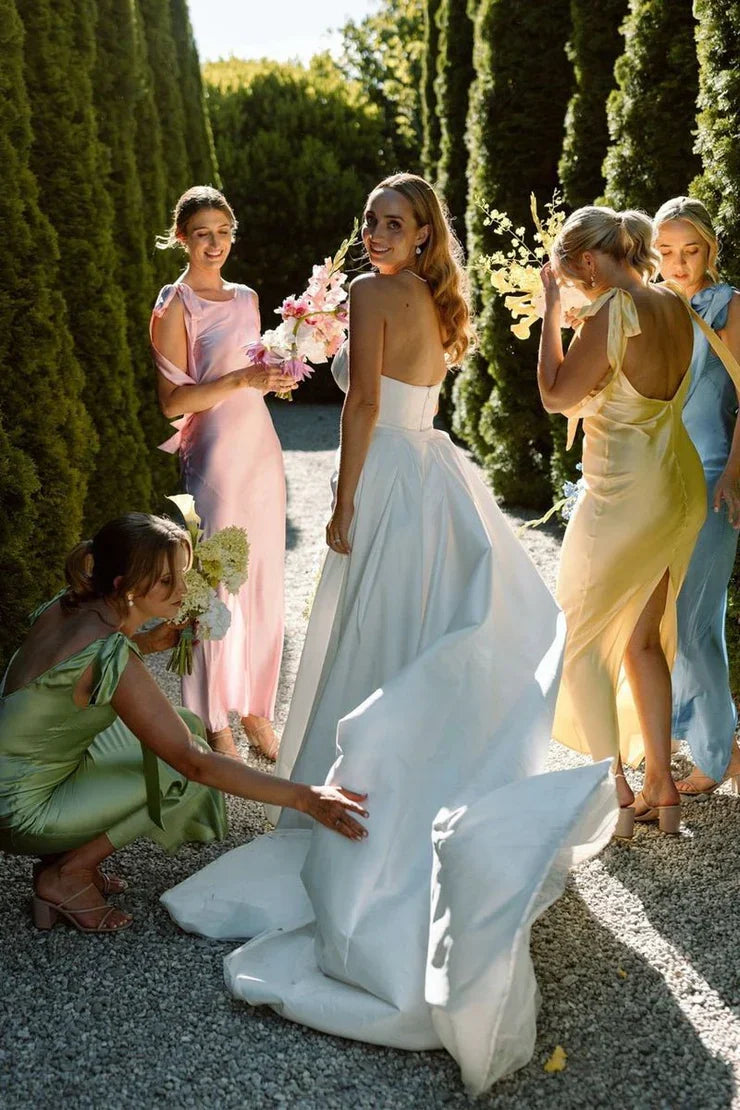Sheath Bateau Neck Satin Ankle Length Bridesmaid Dresses with Slit
