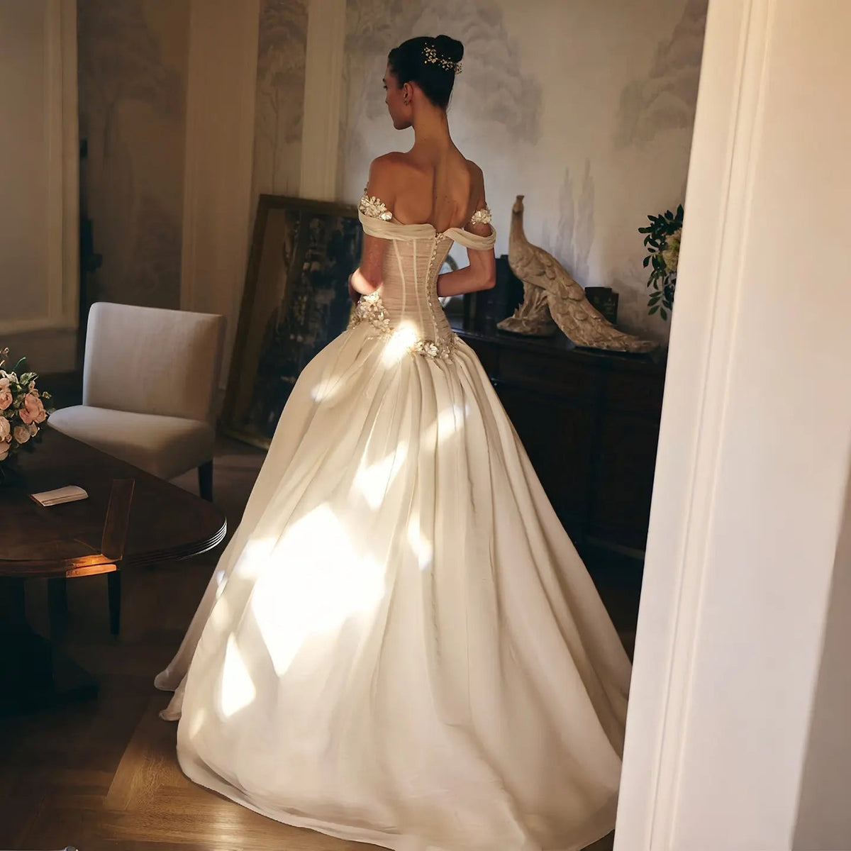 Elegant Ivory Off-the-Shoulder Floral Lace Ball Gown Wedding Dress ZP075