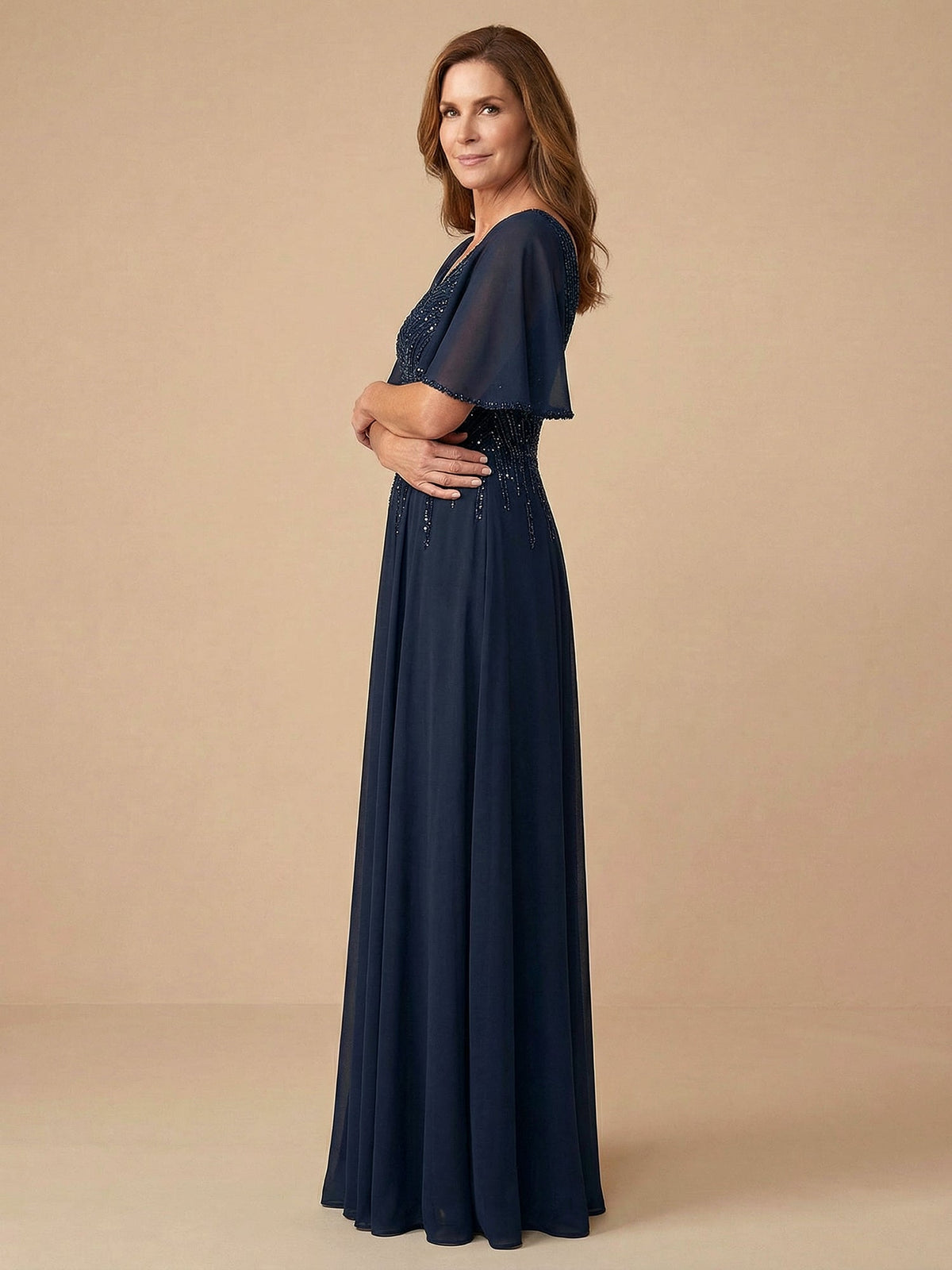 Flare Sleeves Sparky Sequins A-Line Chiffon Mother of the Brides Dresses - View 3 | FashionDia