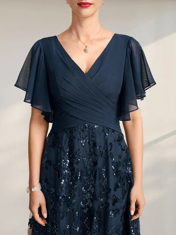 A-line V-Neck Floor-Length Lace Sequin Chiffon Mother of the Bride Dress With Pleated - View 3 | FashionDia