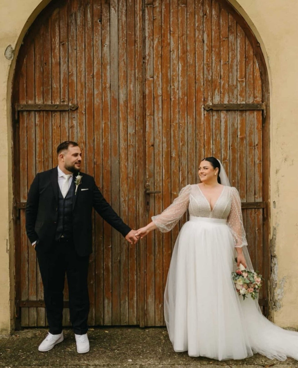 Illusion Neck Plus Size Chic A-Line Lace Sweep Train Long Sleeves Wedding Dresses