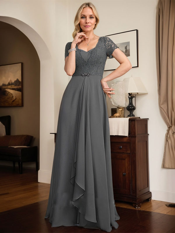 A-line Sweetheart Floor-Length Chiffon Lace Mother of the Bride Dress With Beading Cascading Ruffles - View 3 | FashionDia