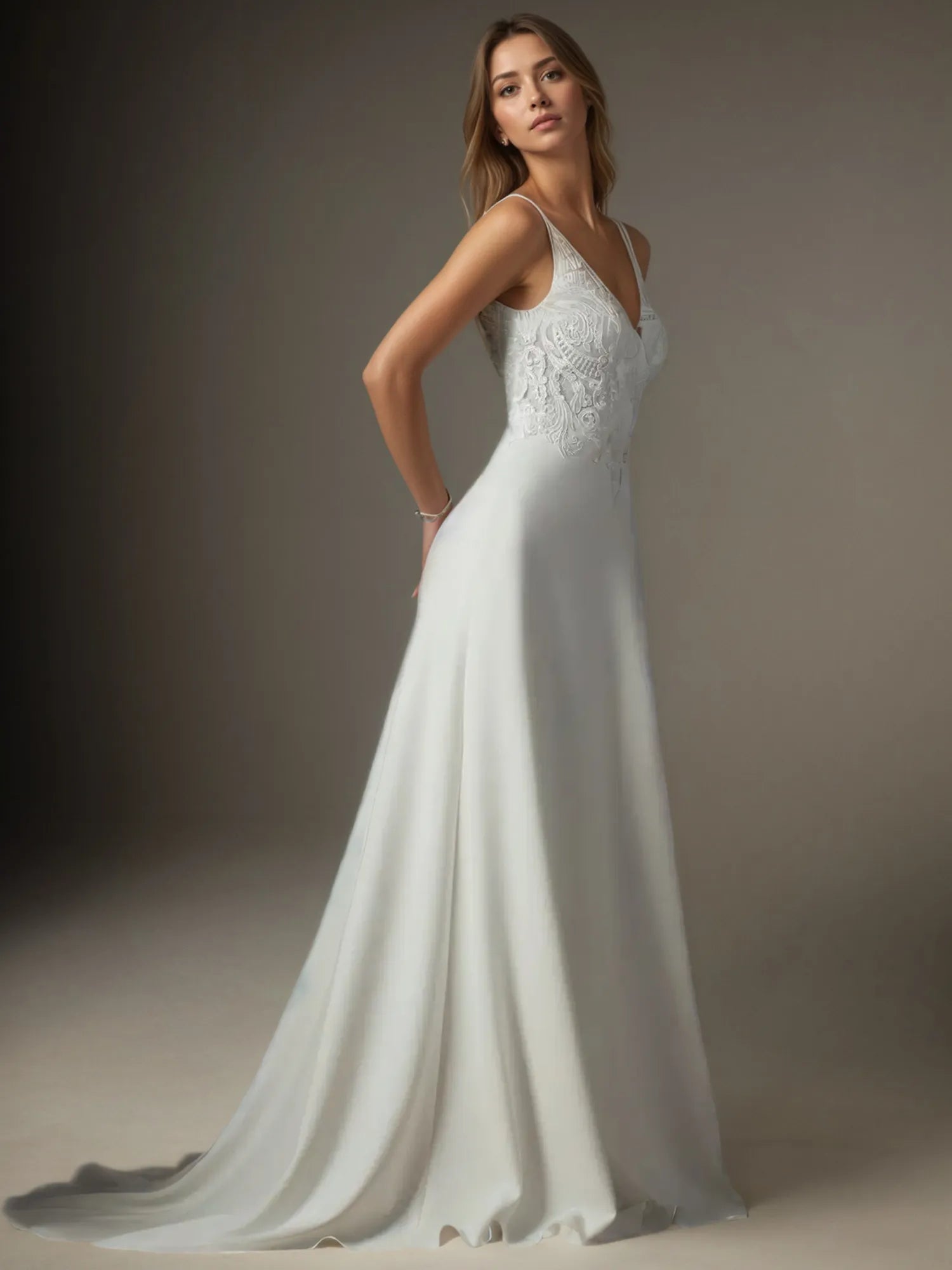 White A-Line V-Neck Sequins Stretch Crepe Stretch crepe Lace Wedding Dress