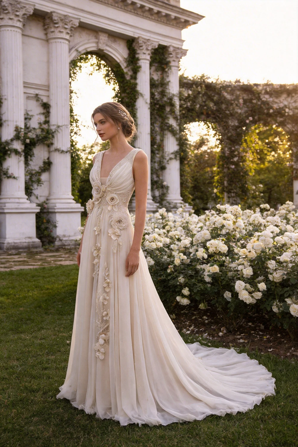 Charming V Neck Chiifon Appliques Beaded Prom Dress Wedding Dress (ZD13735)