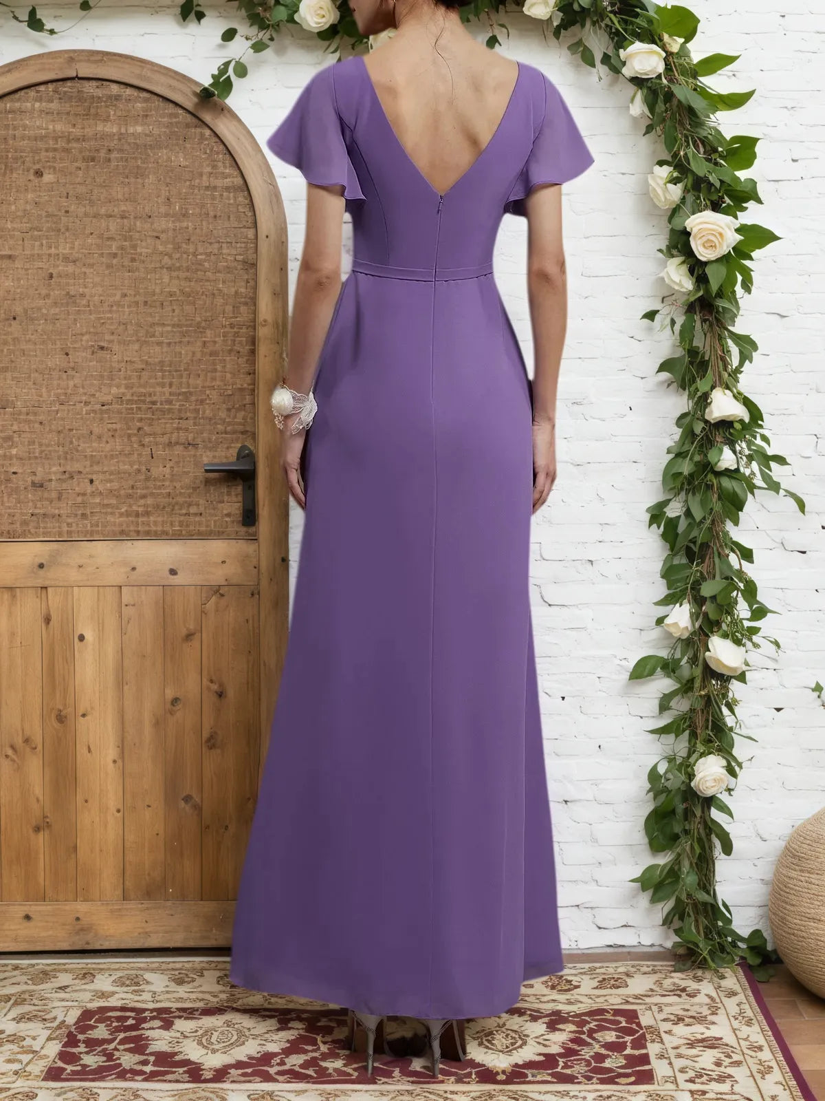 Purple Ruched V-Neck Ruffle Sleeve A-Line Maxi Chiffon Bridesmaid Dress - View 2 | FashionDia