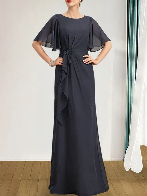 A-line Scoop Floor-Length Chiffon Mother of the Bride Dress With Cascading Ruffles Beading Sequins