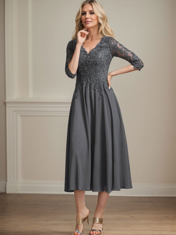 A-line V-Neck Tea-Length Chiffon Lace Mother of the Bride Dress With Beading Sequins - View 3 | FashionDia