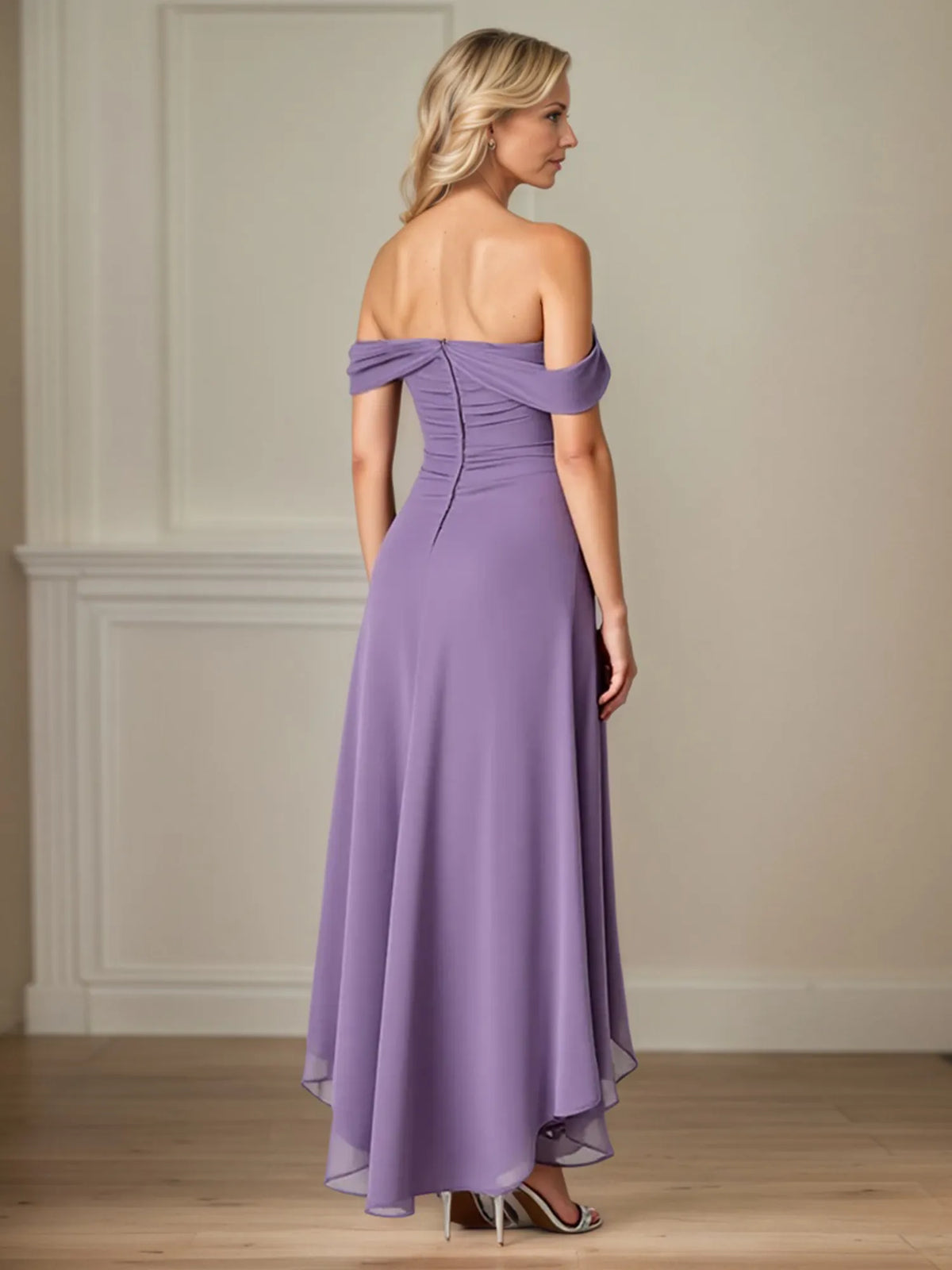 A-Line Ruched Ankle Length Mother of the Bride Dress with Ruffles - View 2 | FashionDia