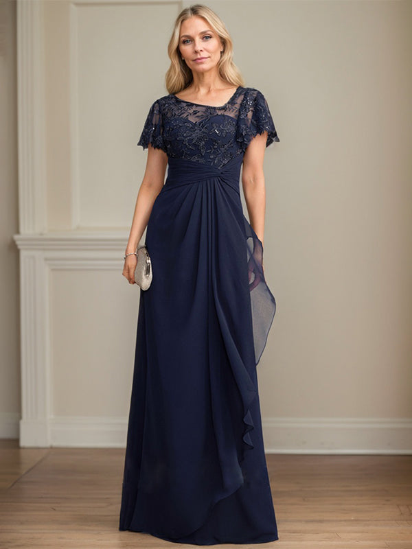 A-line Asymmetrical Illusion Floor-Length Lace Chiffon Mother of the Bride Dress With Cascading Ruffles Sequins - View 4 | FashionDia