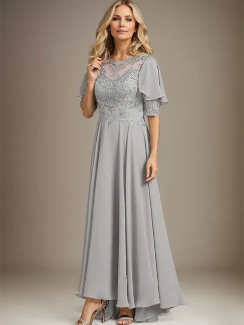 A-line Scoop Illusion Asymmetrical Chiffon Lace Mother of the Bride Dress With Beading - View 3 | FashionDia