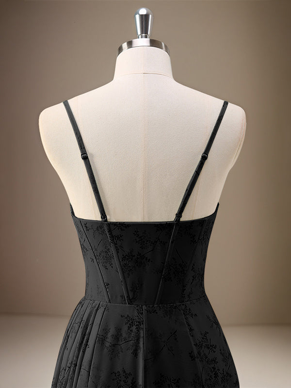 Black Sheath Spaghetti Straps Pleated Long Bridesmaid Dress with Slit