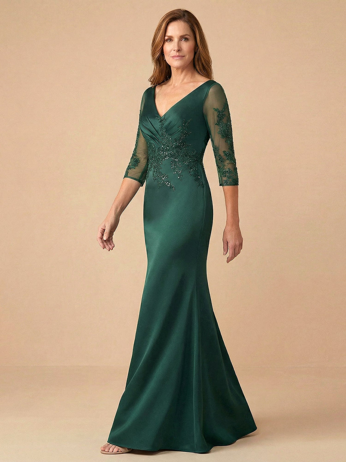 Half Sleeves Lace Applique Mermaid Satin Mother of the Bride Dress - View 4 | FashionDia
