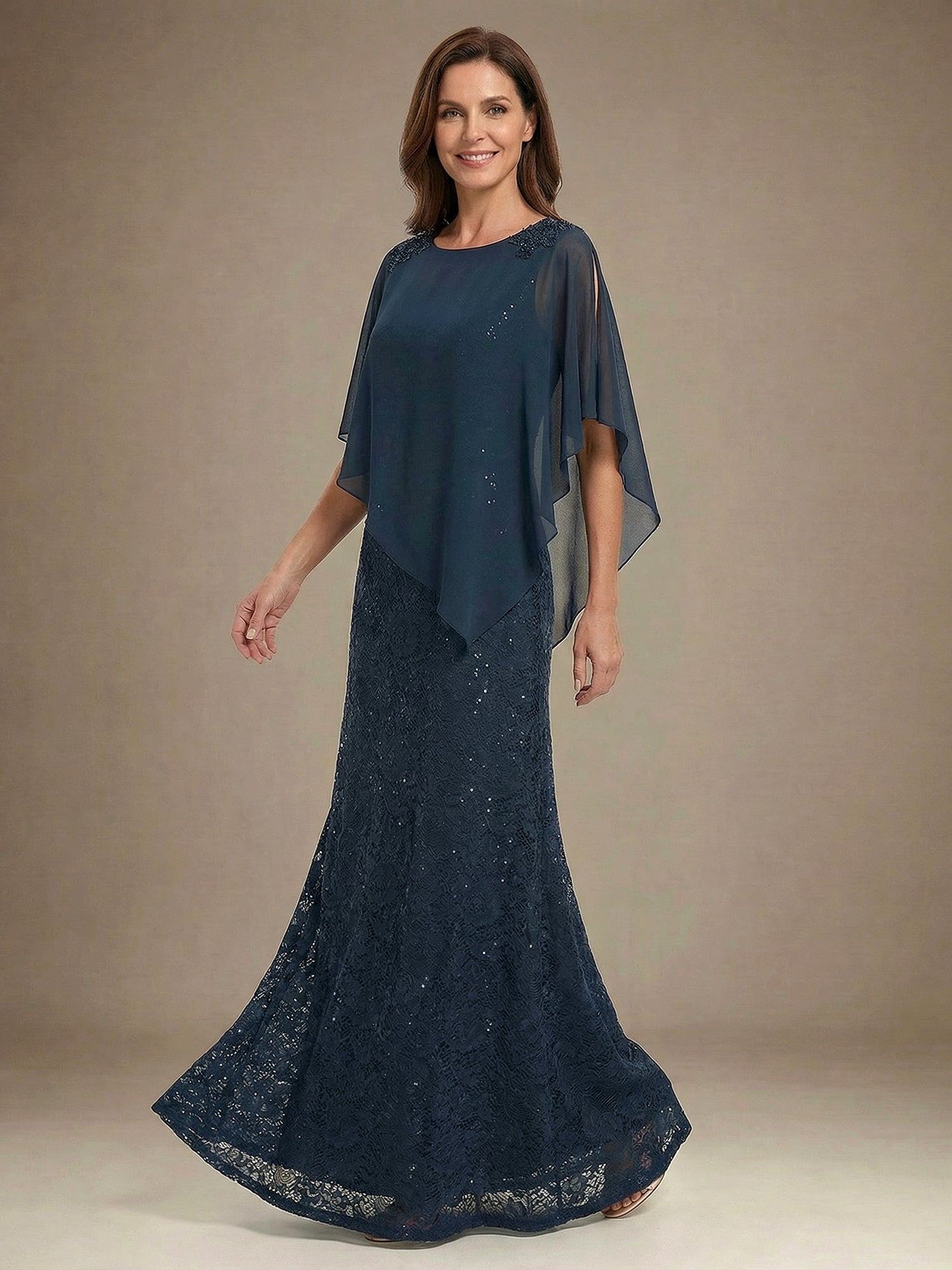 Sheath/Column Scoop Floor-Length Chiffon Lace Mother of the Bride Dress With Sequins Beading