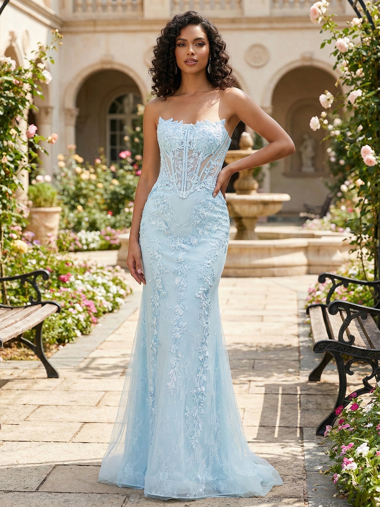 Ethereal Light Blue Strapless Corset Prom Dress with Floral Lace - VelvetHem
