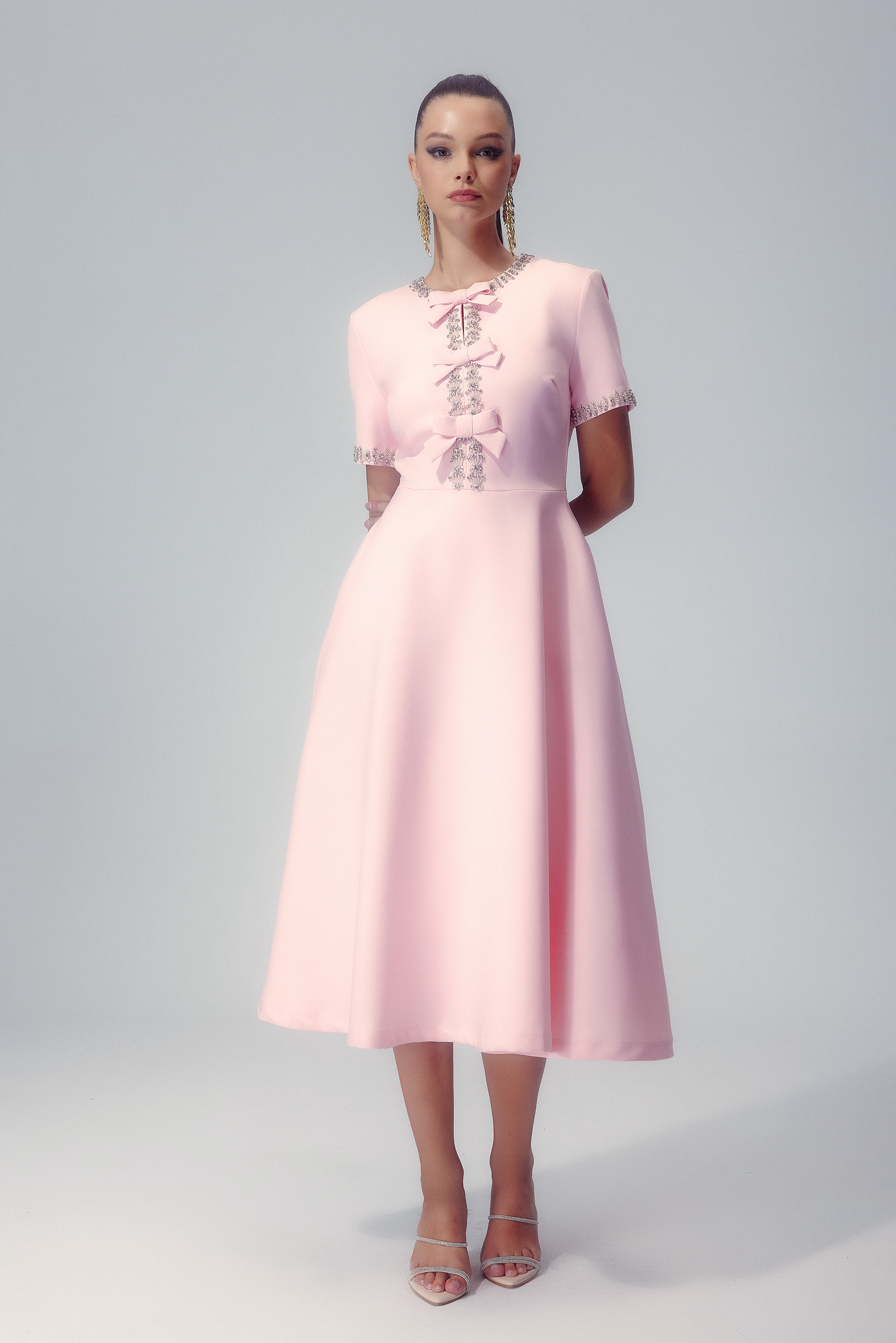 Minimalist Mercedes Midi Dress with Bow and Crystal Embellishment Chic Silhouette Collection