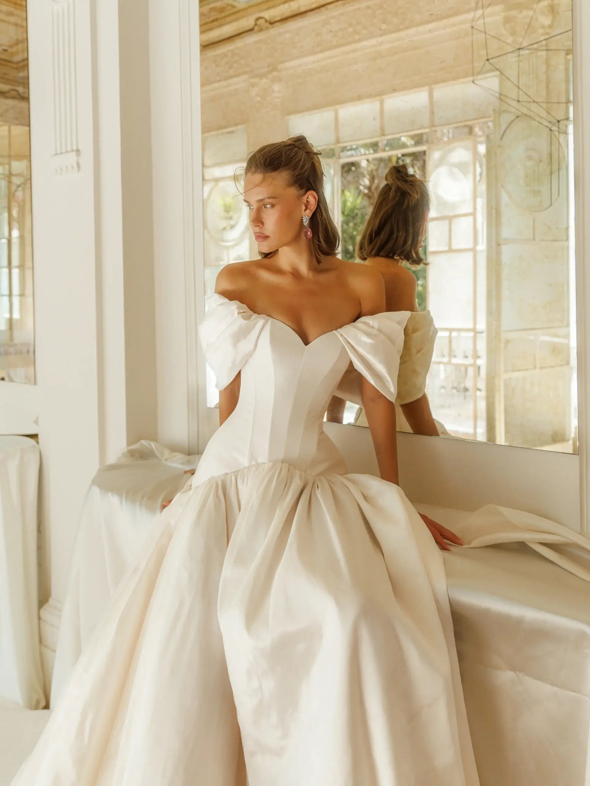 Romantic White Satin Off-the-Shoulder Puff Sleeve Ball Gown Wedding Dress ZP113 - View 3 | VelvetHem