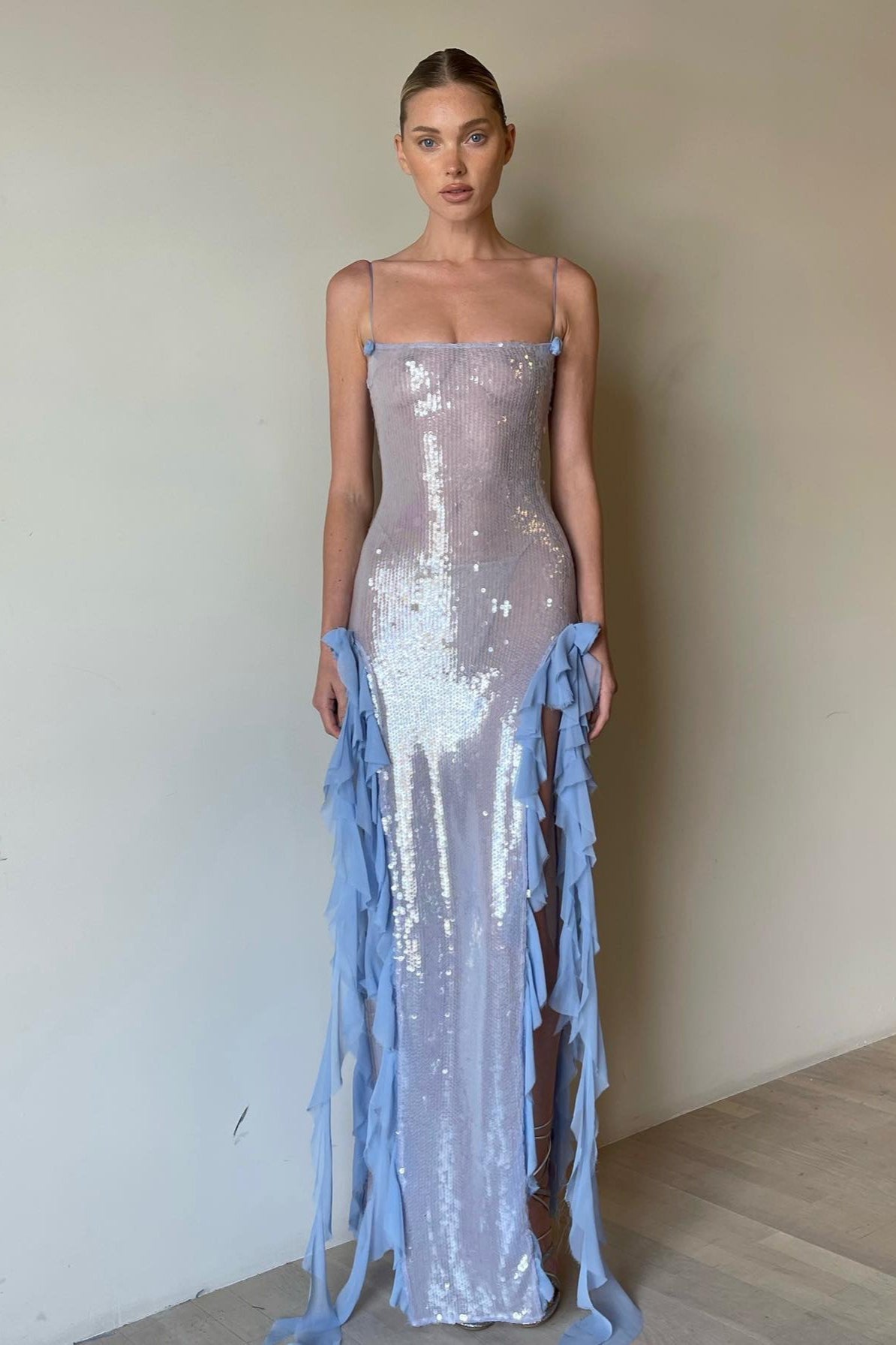 Sheer Long Ruffled Sequin Flower Sequin Dress - VelvetHem