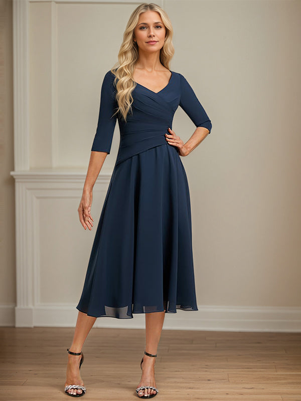 A-line V-Neck Tea-Length Chiffon Mother of the Bride Dress With Pleated - FashionDia