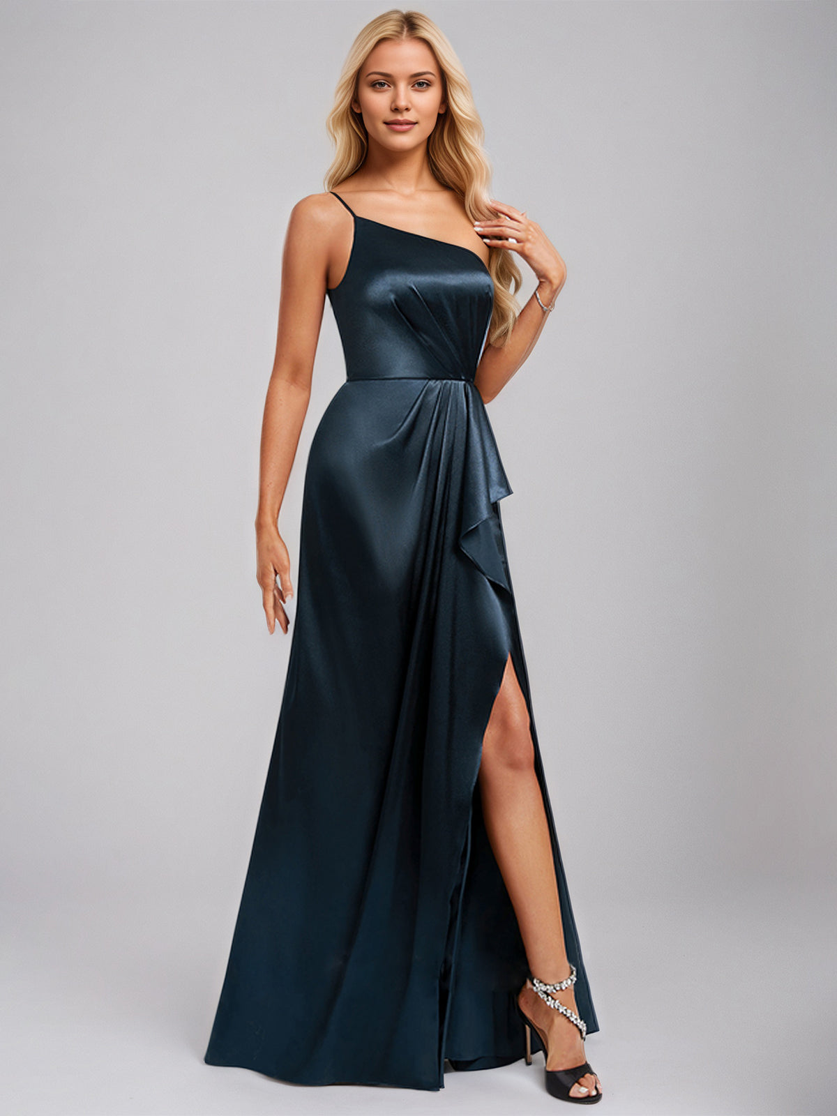 Dark Navy Satin A-Line One-Shoulder Floor-Length Bridesmaid Dress With Ruffle - View 3 | FashionDia