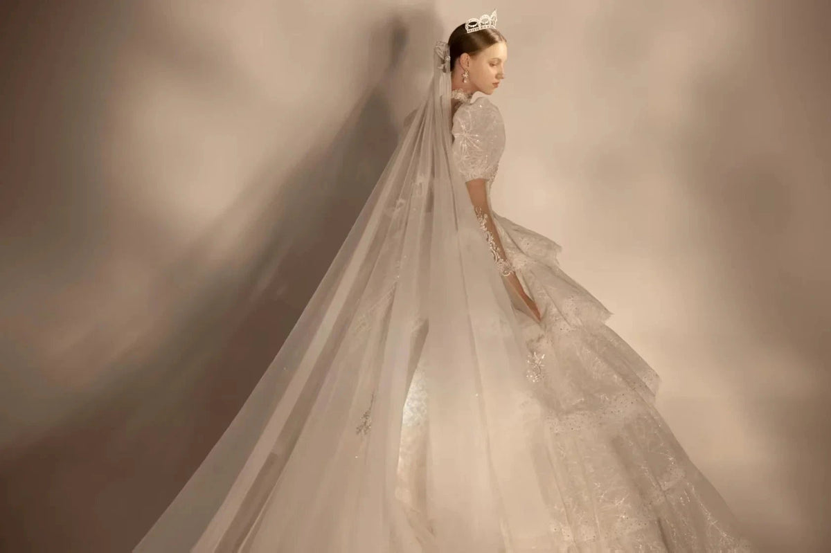 Regal High Neck Puff Sleeve Tulle Wedding Dress with Sequin Embroidery & Layered Ruffle Train (ZD16911)
