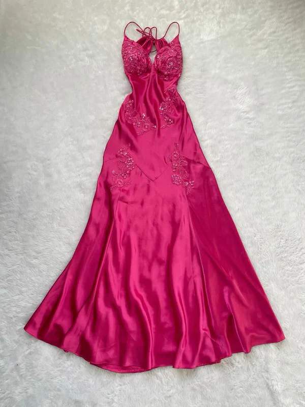 Charming Hot Pink Satin Beaded Prom Dress Evening Gown - FashionDia