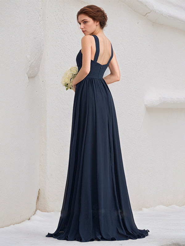 Dark Navy A-Line V-Neck Floor Length Chiffon Bridesmaid Dress With Ruffle
