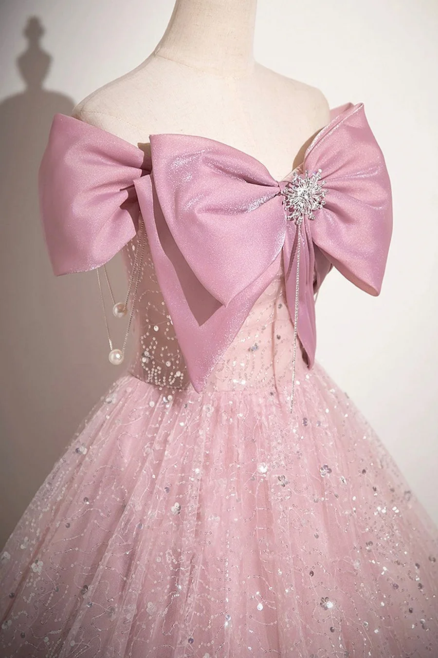 Cute Pink Tulle Sequins Long A-Line Ball Gown, Off-the-Shoulder Sweet 16 Dress