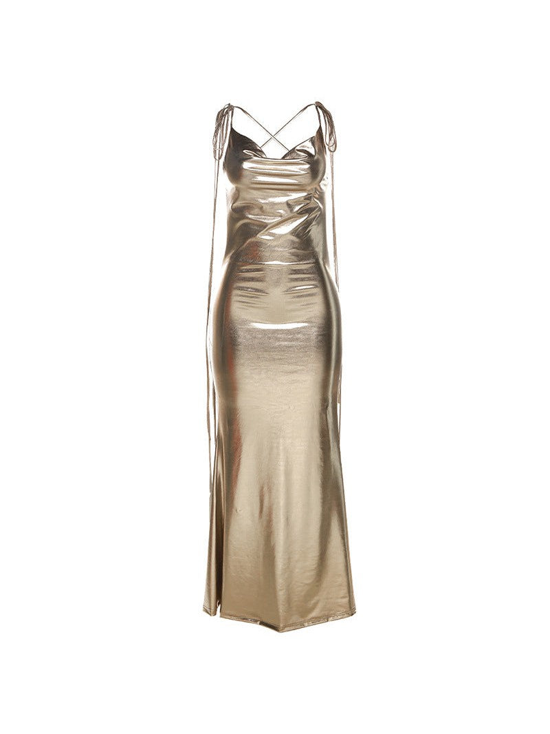 Metallic Coated Deep Neck Backless Evening Dress - View 13 | VelvetHem