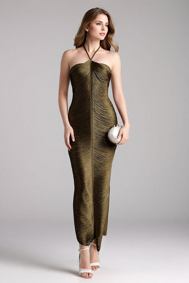 Fringe Halter High Slit Maxi Dress
