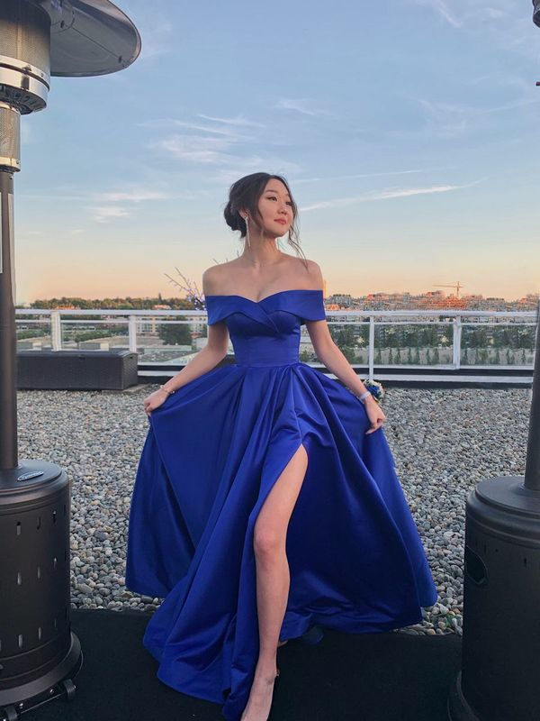 Sexy Off-the-Shoulder Slit A-Line Evening Dress Royal Blue Prom Party Dress - FashionDia