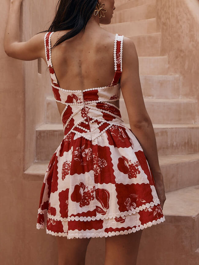 Floral Decorative Unique Print V - Neck Hollow A - Line Mini Dress