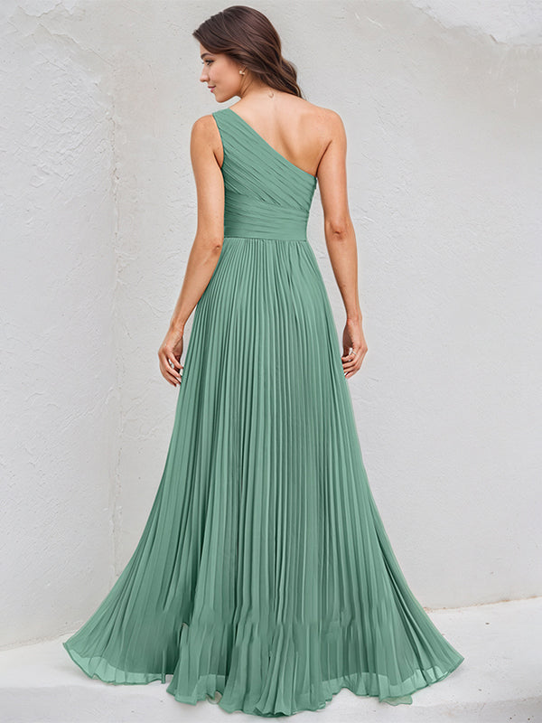 Mist Blue A-Line Chiffon One-Shoulder Sleeveless Asymmetrical Length Dress With Slit - View 2 | FashionDia