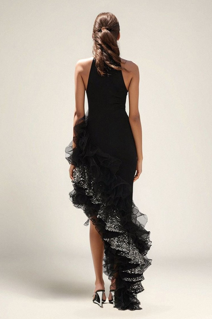 Black Ruffled Mesh Dress with Relaxed Fit and Boutique Fashion Look