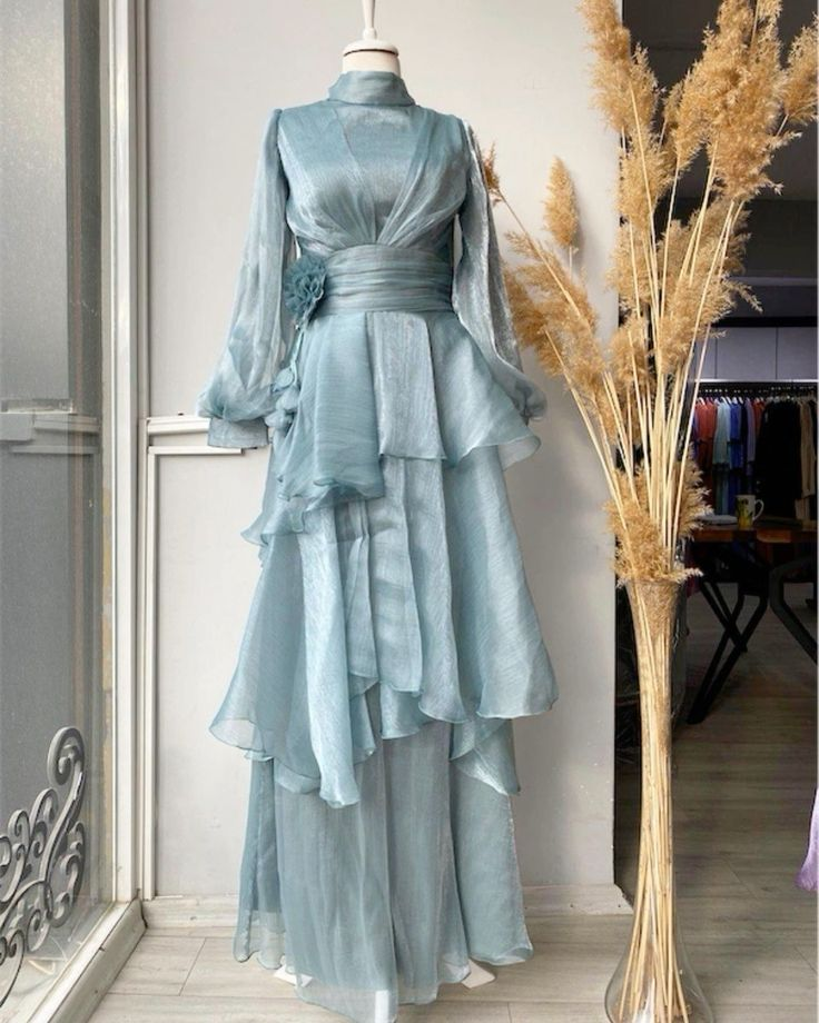 Blue Modest Long Sleeves Multi Layered Prom Dress A Line Party Dress