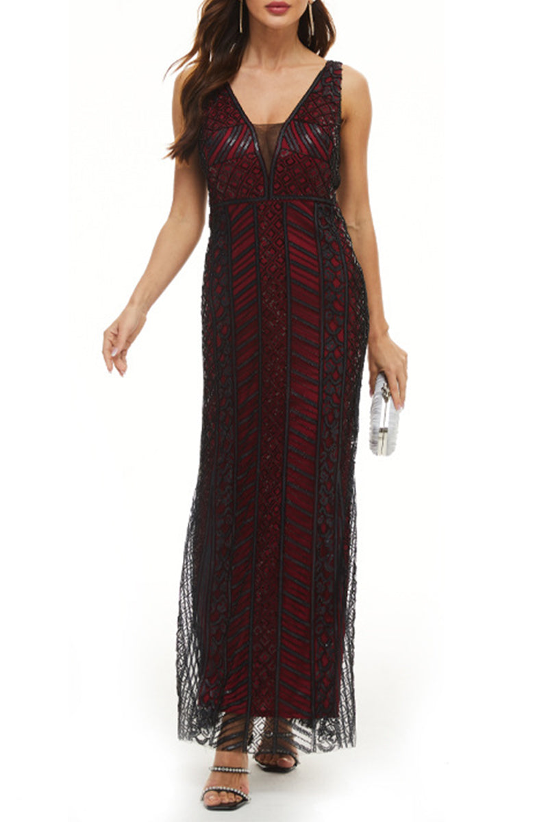Sexy Formal Patchwork V Neck Evening Dress Dresses - VelvetHem