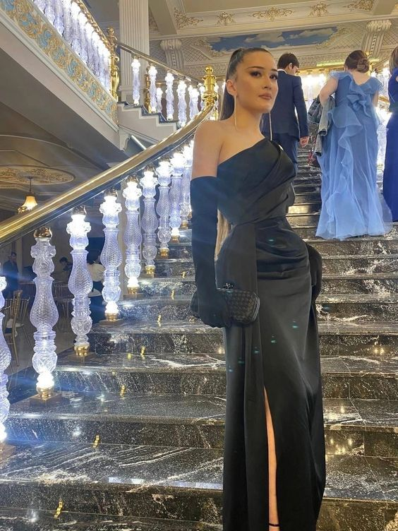 Black Sexy One Shoulder Slit Evening Dress Party Dress With Gloves