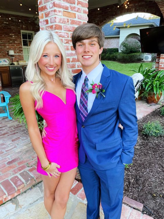 A-Line V-Neck Simple Homecoming Dress Straps Cute Party Dress Hot Pink Homecoming - FashionDia