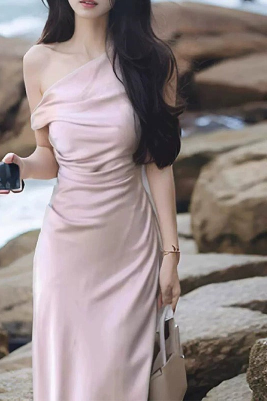 Satin Asymmetrical Cowl Neck Mermaid Gown Silk Dress - View 4 | VelvetHem