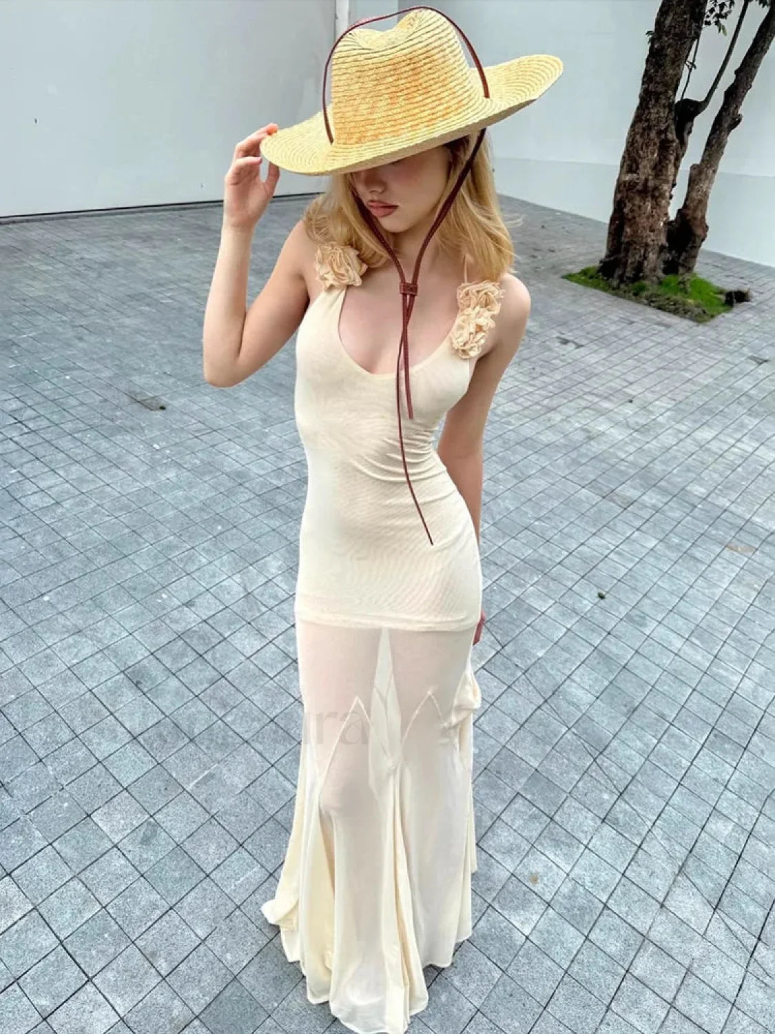 3D Flower Patchwork Halter Maxi Dress
