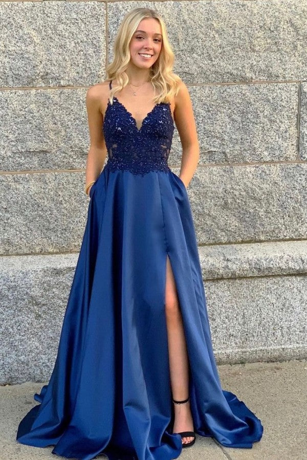 Spaghetti-Straps Slit Prom Dress Long With Lace Appliques - VelvetHem