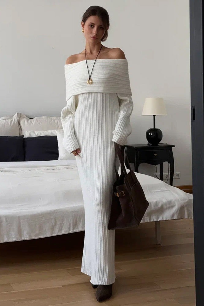 Knit Off Shoulder Long Sleeve Bodycon Sweater Dress - VelvetHem