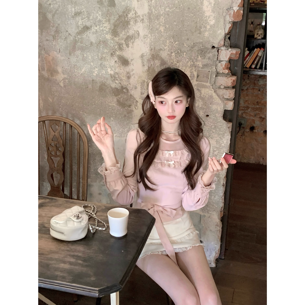 Pink lace long-sleeved shirt - FashionDia