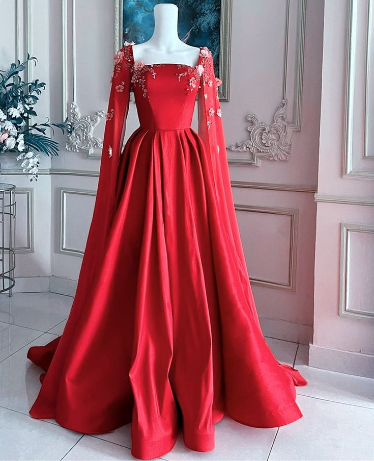 Luxurious Red Satin Appliques Long A Line Evening Dress Formal Prom Dress With Cape